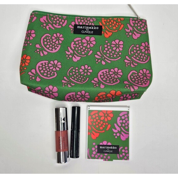Marimekko For Clinique Green Floral Makeup Bag W/ Mascara, Chubby Stick & Mirror - Picture 1 of 9